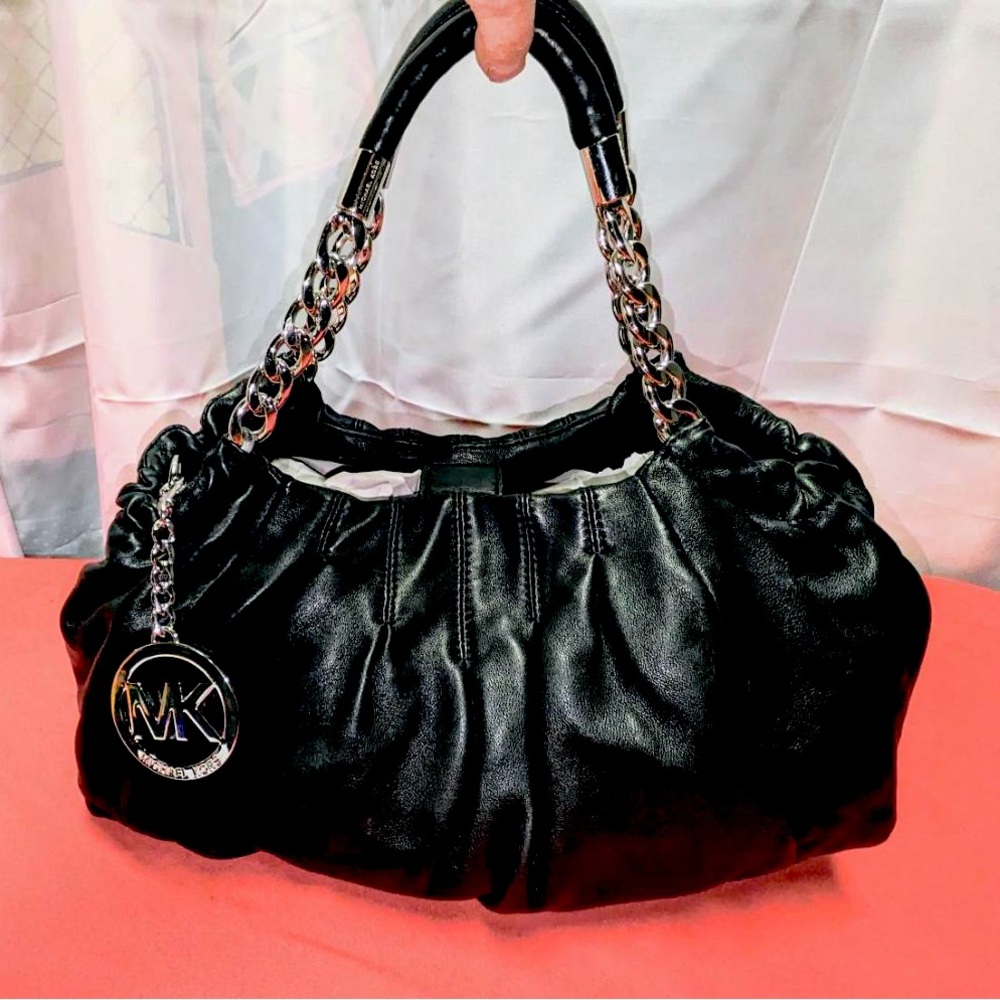 Authentic Michael Kors Black & Silver Chain Lambskin Shoulder Bag